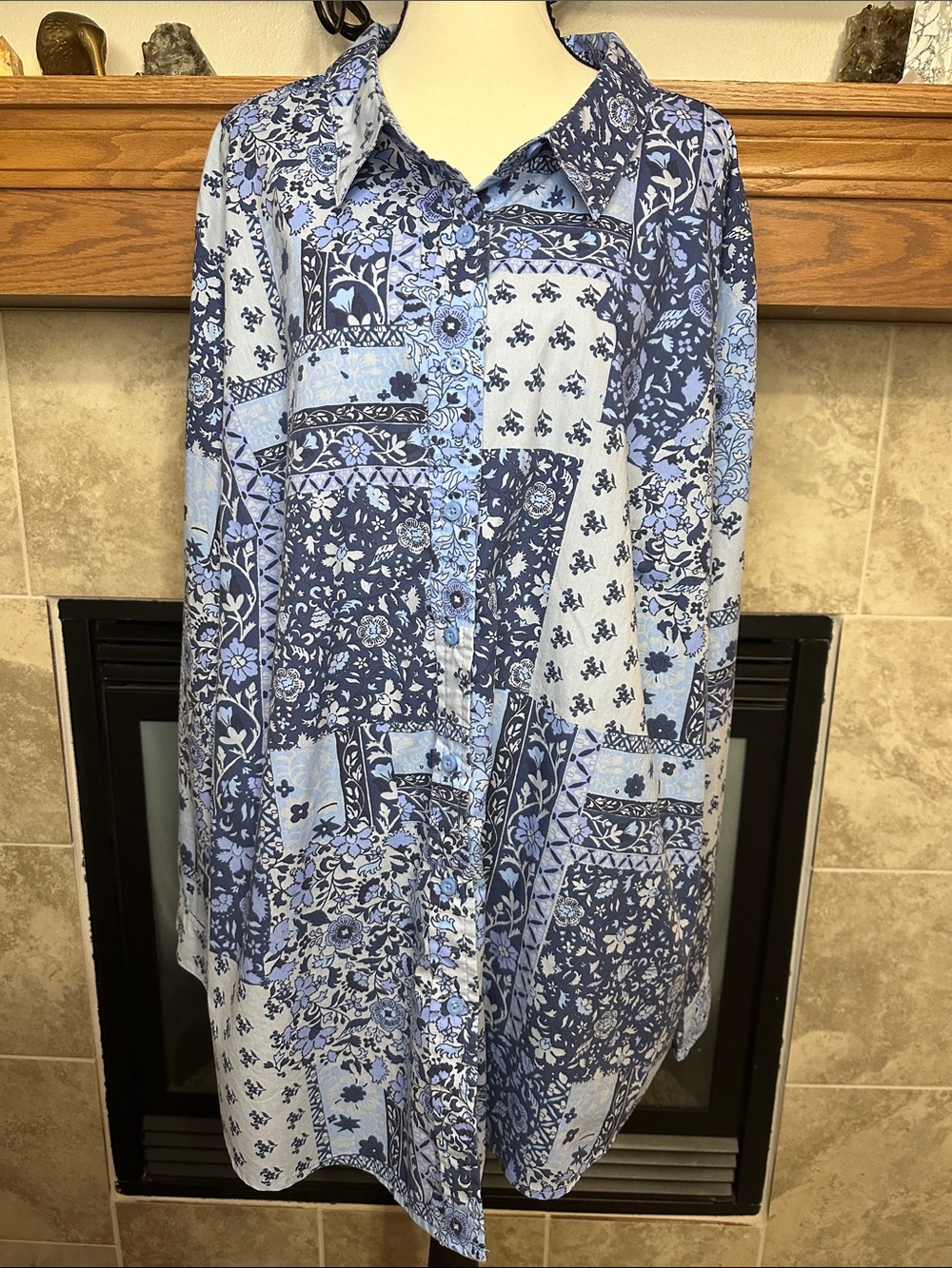 Woman Within 3X Blue Floral Patchwork Print Button Down Blouse Boho Top